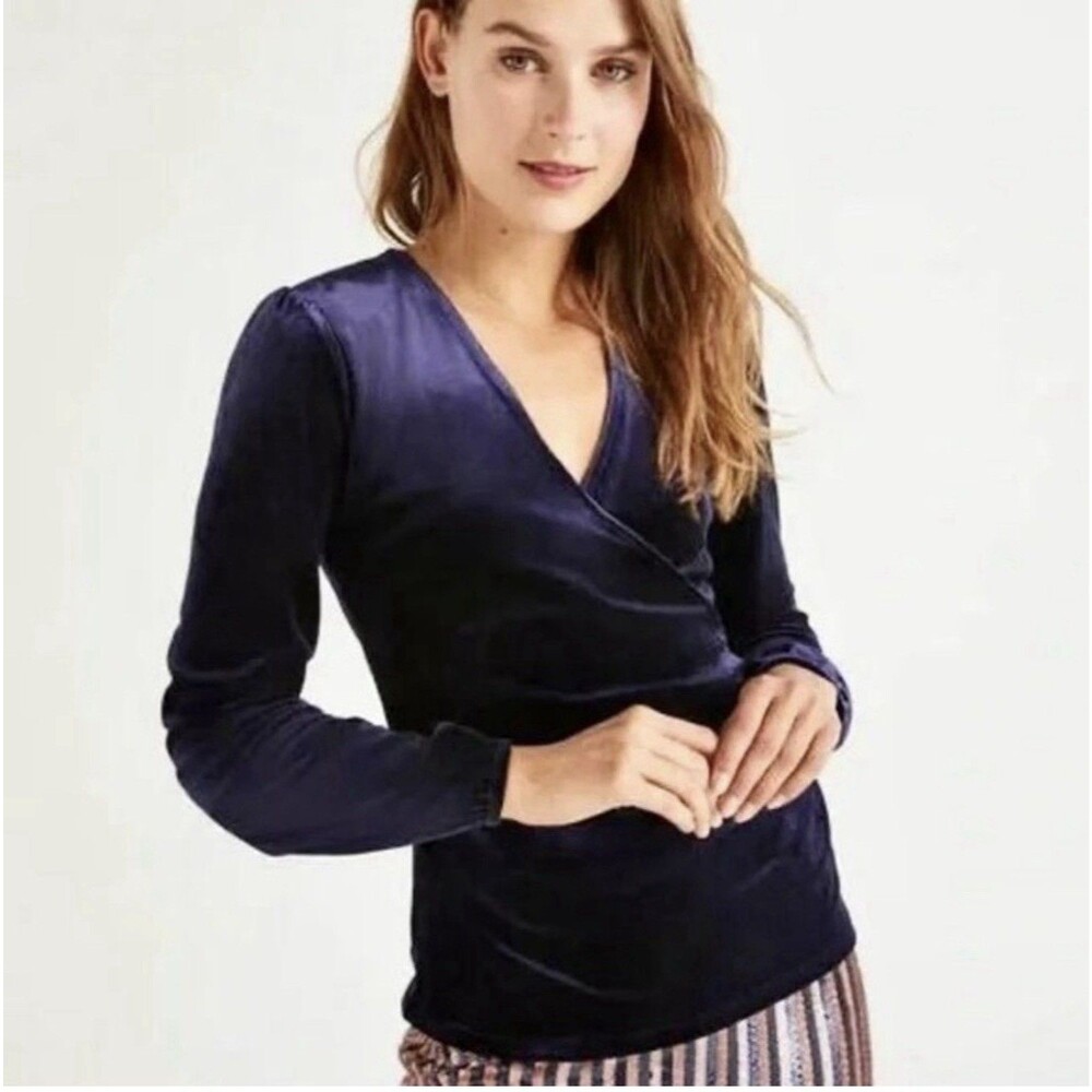 Boden Ellie Navy Velour Long Sleeve Stretch Plush Velvet Wrap Top Women Size 2